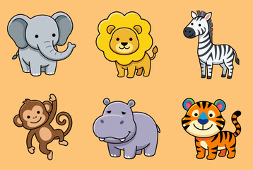 Fototapeta premium Collection of Adorable Cartoon Safari Animal Characters, Elephant, Lion, Zebra, Monkey, Hippopotamus and Tiger Isolated on Orange Background for Kids and Zoo Design