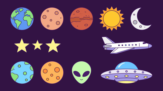 Set of Cute Cartoon Space Elements, Planets Sun Moon Stars Alien UFO and Airplane, Isolated on Dark Purple Background Vector Illustrations