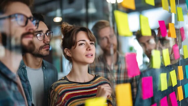 A diverse team around a glass wall covered with colorful post-its; they brainstorm and plan in a bright, modern office