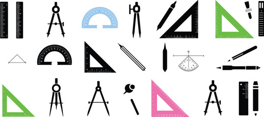 Collection of various drafting tools including rulers, compasses, protractors, set squares, and pencils in different colors and styles