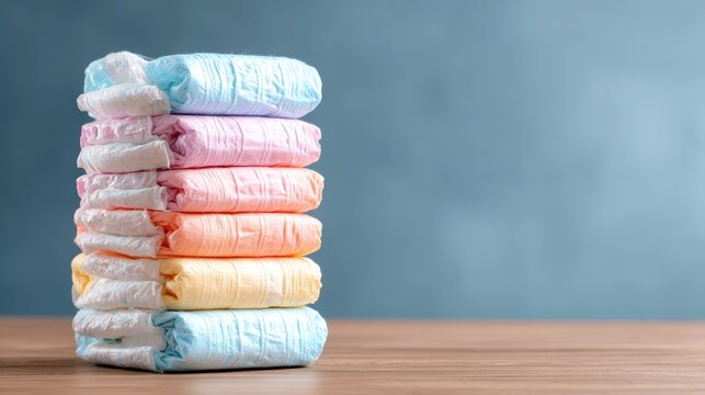 A colorful stack of baby diapers on a wooden table against a blue background