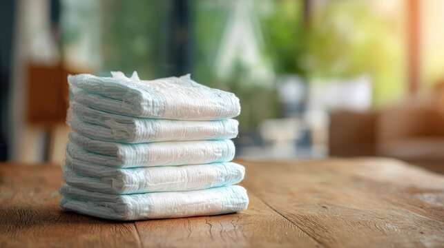 A stack of disposable baby diapers on a wooden table in a bright room