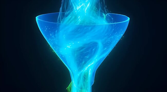 Abstract blue light funnel with swirling light streams on a dark background