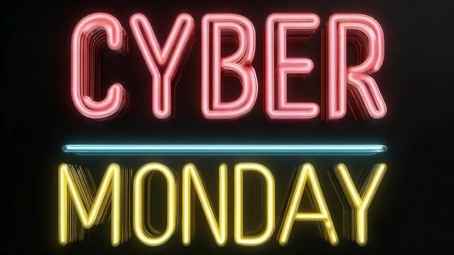 Neon sign displaying "CYBER MONDAY" in red (CYBER) and yellow (MONDAY) with a blue underline on a dark background; bold, modern retail graphic