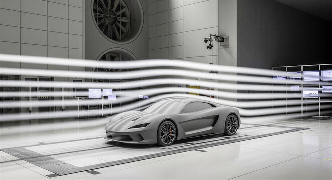 Prototype car in wind tunnel laboratory with visible airflow patterns