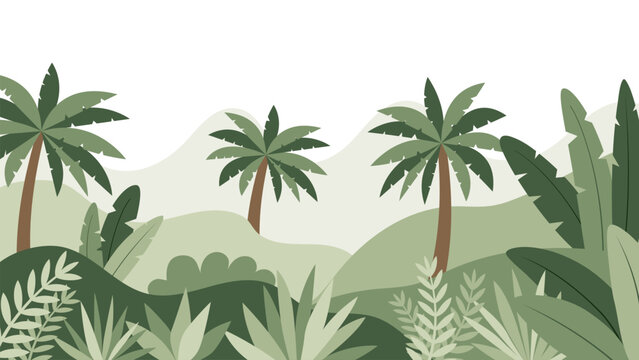 Tropical jungle landscape with palm trees and green hills flat vector background