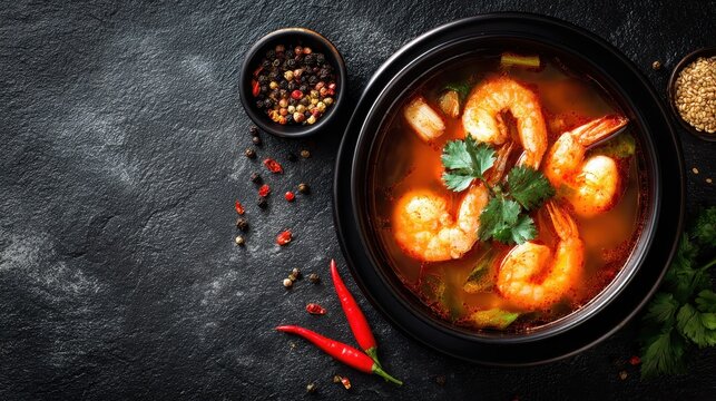 Spicy Thai Shrimp Soup Tom Yum Goong in a Black Bowl on a Dark Slate Background