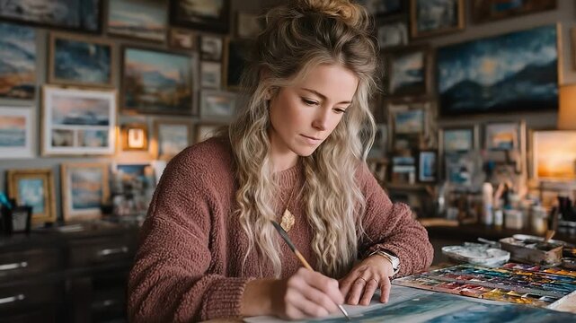 A female artist sits at a cluttered studio table, painting with a brush; canvases line the walls and warm ambient light creates a creative, welcoming workspace