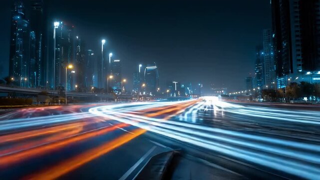 Long-exposure night scene of a futuristic city avenue; glowing blue skyscrapers and orange-red light trails from fast-moving traffic create a cinematic urban nightscape