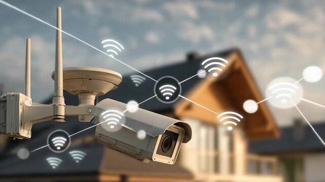 Outdoor security camera mounted on a wall above a suburban home; floating Wi‑Fi icons indicate smart surveillance in warm dusk light