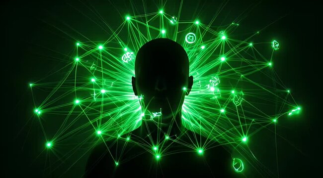 Human silhouette connected to glowing green networks and virtual digital icons