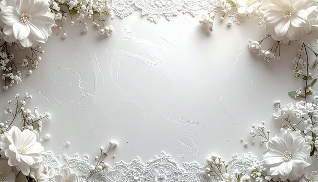 ブライダル関連のブランドアイデンティティを格上げする、漆喰調のテクスチャと白い花々が調和した背景。