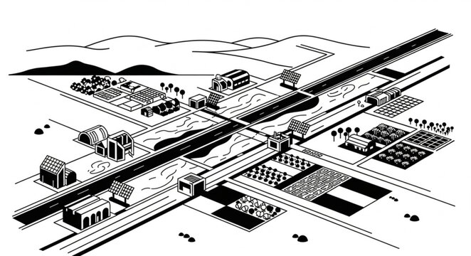 Detailed Architectural Drawing of a City Intersection with Buildings and Roads.