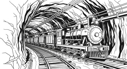 Detailed Black and White Illustration of a Steam Train Entering a Tunnel. © Wahyubudiyono