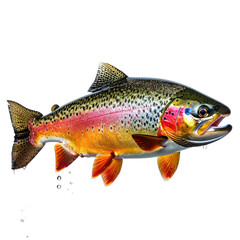 Fototapeta premium A vividly colored rainbow trout with iridescent scales glows against a deep black background, showcasing its aquatic beauty.