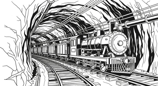 Detailed Black and White Illustration of a Steam Train Entering a Tunnel.
