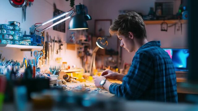 Young craftsman in a blue plaid shirt, wearing safety goggles and a yellow helmet, concentrates on a small project at a cluttered workshop bench filled with tools