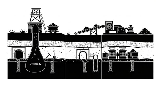 Detailed Cross-Section of an Underground Mining Operation and Infrastructure.