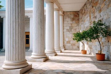 Obraz premium Classical architecture courtyard with fluted columns and stone wall