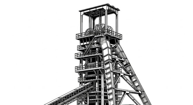 Detailed Illustration of a Coal Mine Headframe Structure.