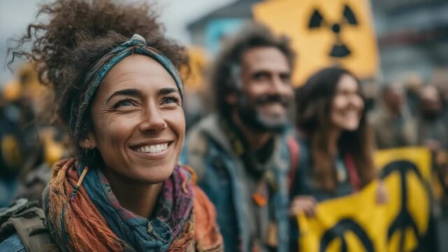Close-up of a smiling woman with a scarf and backpack at a peaceful protest; blurred crowd and yellow banners in the background
