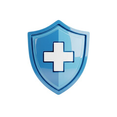 Obraz premium A glossy layered light blue medical shield icon featuring a centered white cross, isolated on a white background with soft studio light. Medical safety concept
