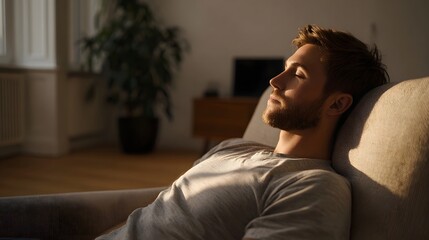Fototapeta premium A man with closed eyes rests peacefully on a couch bathed in warm sunlight streaming into a modern living room