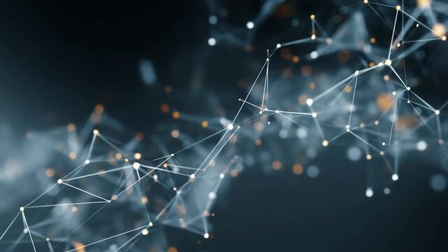 Abstract network of white nodes and connecting lines forming a geometric web on a dark blue background; futuristic data visualization and connectivity
