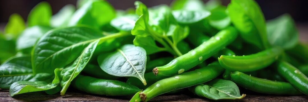 Vibrant green spinach and tender string beans, freshly harvested and ready to be cooked Perfect for salads, stir-fries, or side dishes A healthy and delicious combination , stir-fry, produce
