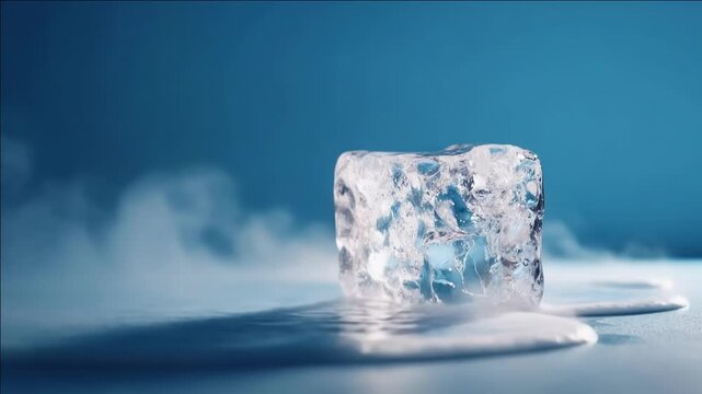Close-up of a clear ice cube on a blue reflective surface with soft mist; dramatic lighting reveals ice crystals and condensation