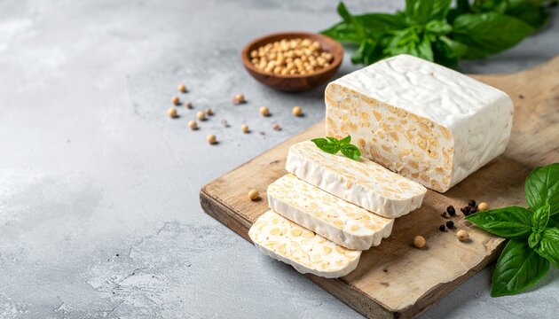 Raw Tempeh or Tempe, soybean seeds and banana leaves. Tempeh Slices on Wooden Background. Tempeh is Indonesian traditional food made from fermented soybeans. They are usually wrapped in banana leaves