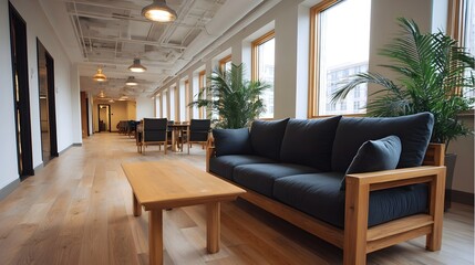 Fototapeta premium Modern office lounge area with natural light comfortable seating and plants