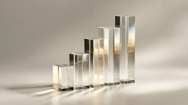 Row of rectangular glass cubes on a pale surface; warm, soft lighting highlights edges and reflections in a minimalist product shot
