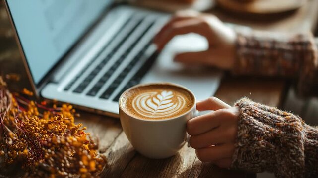 Close-up of a latte with leaf latte art on a wooden desk; a laptop glows in the background while a gloved hand holds the mug, warm autumn ambiance