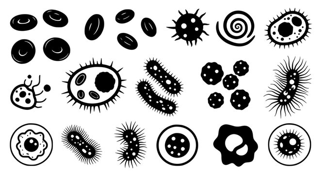 Microscopic bacteria and virus cell icons set featuring various pathogen shapes like cocci bacilli and spirillum for medical science and biology design