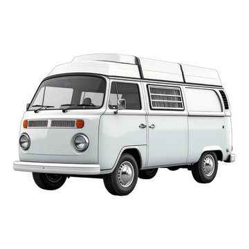 A pristine white classic Volkswagen camper van with an elevated roof is presented on a stark black background, highlighting its vintage design.