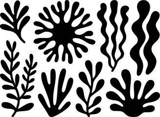 Black silhouette collection of various abstract organic shapes resembling seaweed and coral white background © Omar