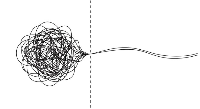Abstract tangled lines emerging from a dashed line, representing complexity, chaos, and a journey towards order or a solution, in a minimalist line art style.
