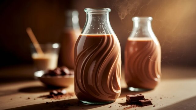 Chocolate Milk in Glass Bottle with Cocoa Powder, Minimal Food Photography with Brown Background