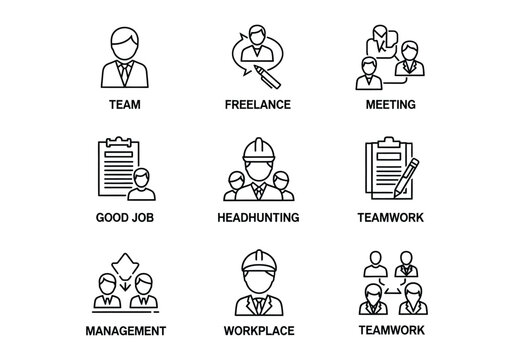 Workplace and Teamwork Icons &ndash; Leadership, Collaboration, Meetings and Office Illustration