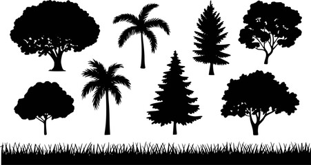 Collection of diverse black tree silhouettes including palm and evergreen varieties with grass border © Omar