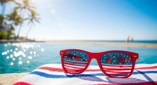Celebrate freedom with style red sunglasses on a patriotic towel by the ocean on independence day