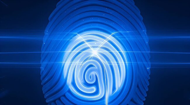 Futuristic glowing fingerprint scan on a dark blue background with horizontal streaks