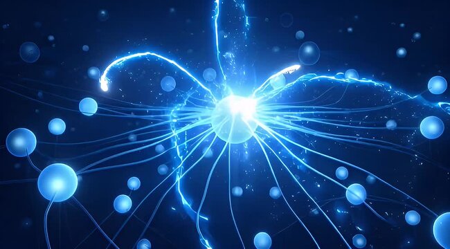 Abstract blue network connectivity with glowing center and surrounding spheres concept