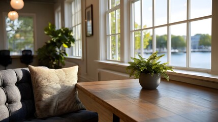 Naklejka premium A stylish co working space interior featuring a comfortable sofa wooden table and a large window with a serene waterfront view bathed in natural