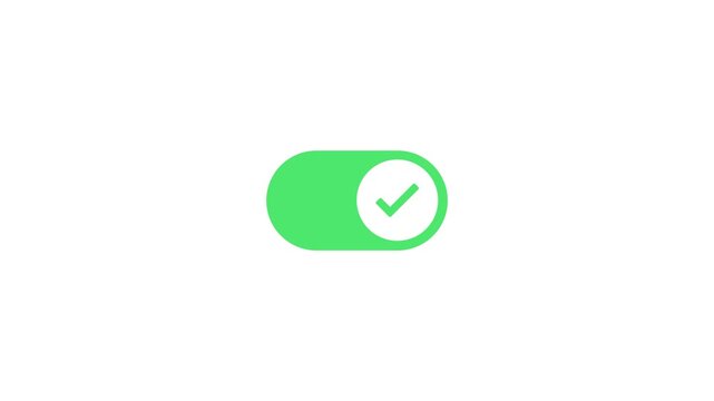 Flat-design toggle button with check and cross icons. An animation of a toggle switch that changes from OFF to ON, switching color from grey to green | red, when clicked. Concept of modern UI design.