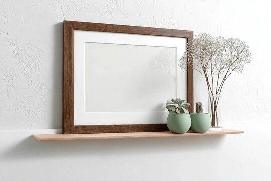 Horizontal wooden poster frame on wall, mock up for picture, print or photo frame