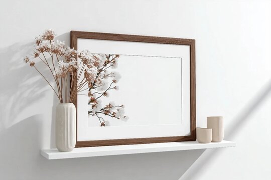 Horizontal wooden poster frame on wall, mock up for picture, print or photo frame