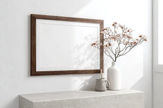 Horizontal wooden poster frame on wall, mock up for picture, print or photo frame