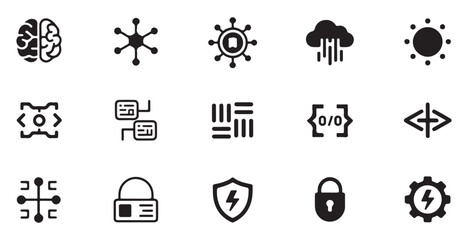 Machine learning and data infrastructure solid icons set showing neural networks cloud rain and secure locks © Md